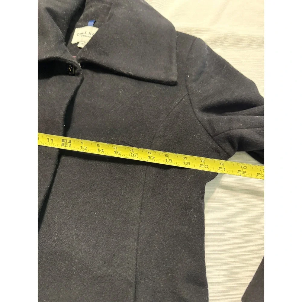Cole Haan Signature Black Wool Blend Wing Collar Hidden Button Coat Womens 12